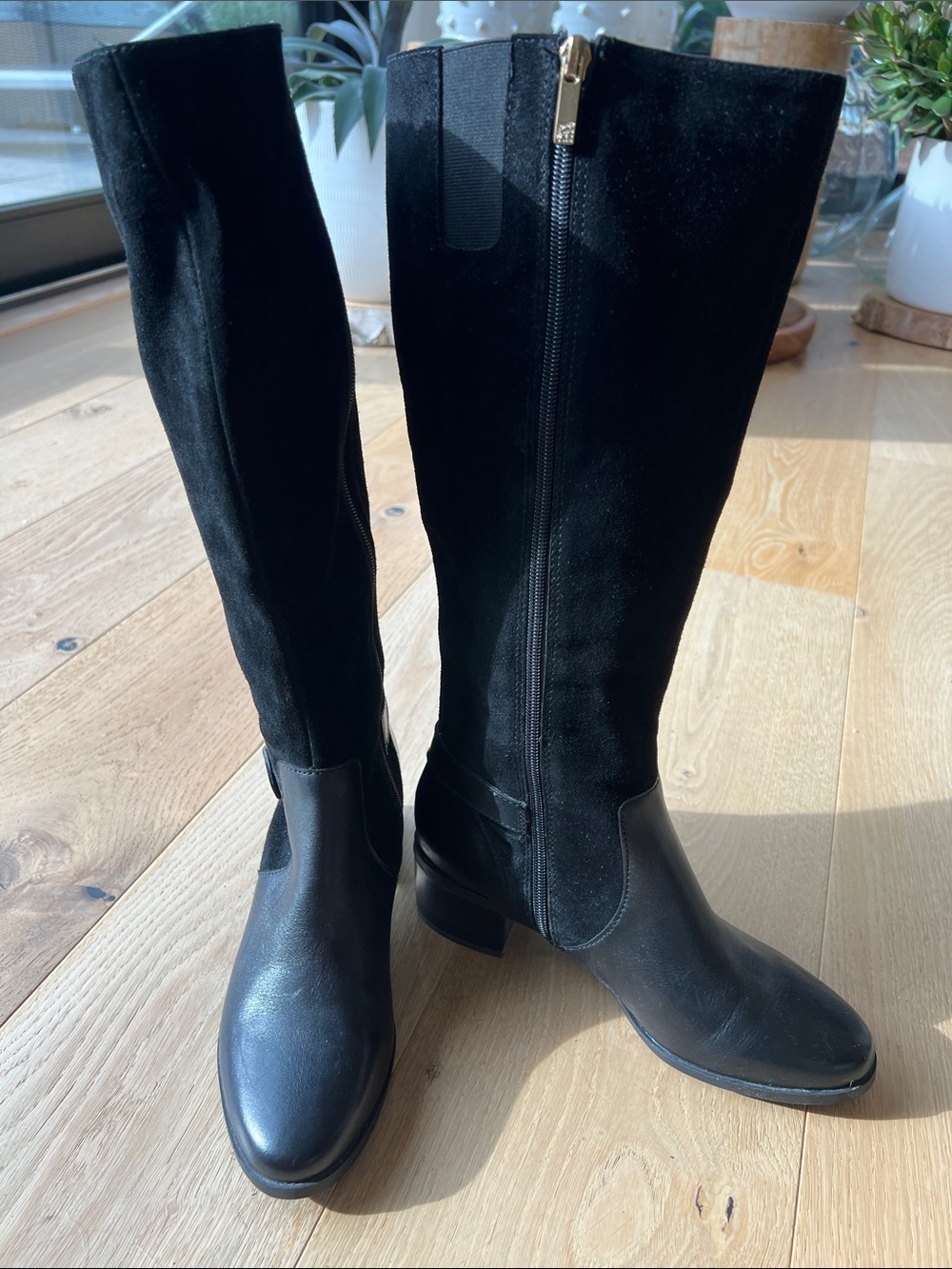 Anne Klein Black Leather & Suede Knee-High Boots